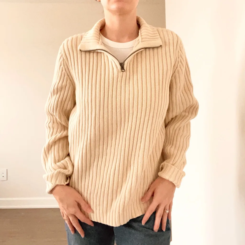 Vintage Lands' End Beige Ribbed Half-Zip Sweater - Image 3