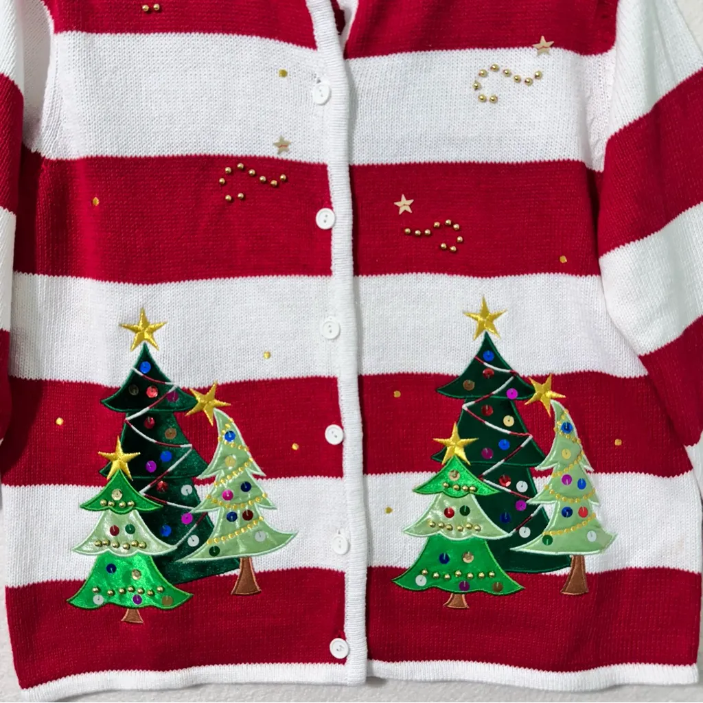 Classic Elements Red/White Striped Christmas Tree Cardigan Sweater Size Large - Image 3