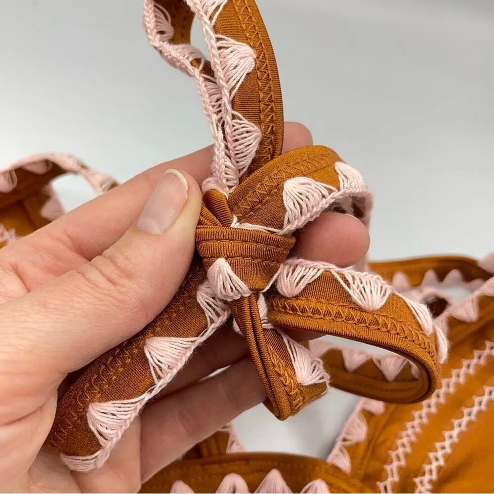 Same Los Angles Embroidered Bikini Top Swimsuit Womens L Boho Brown Triangle Size L - Image 4