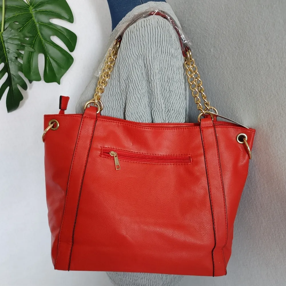 Red with Gold Chain Tote Shoulder Bag Purse - Image 5