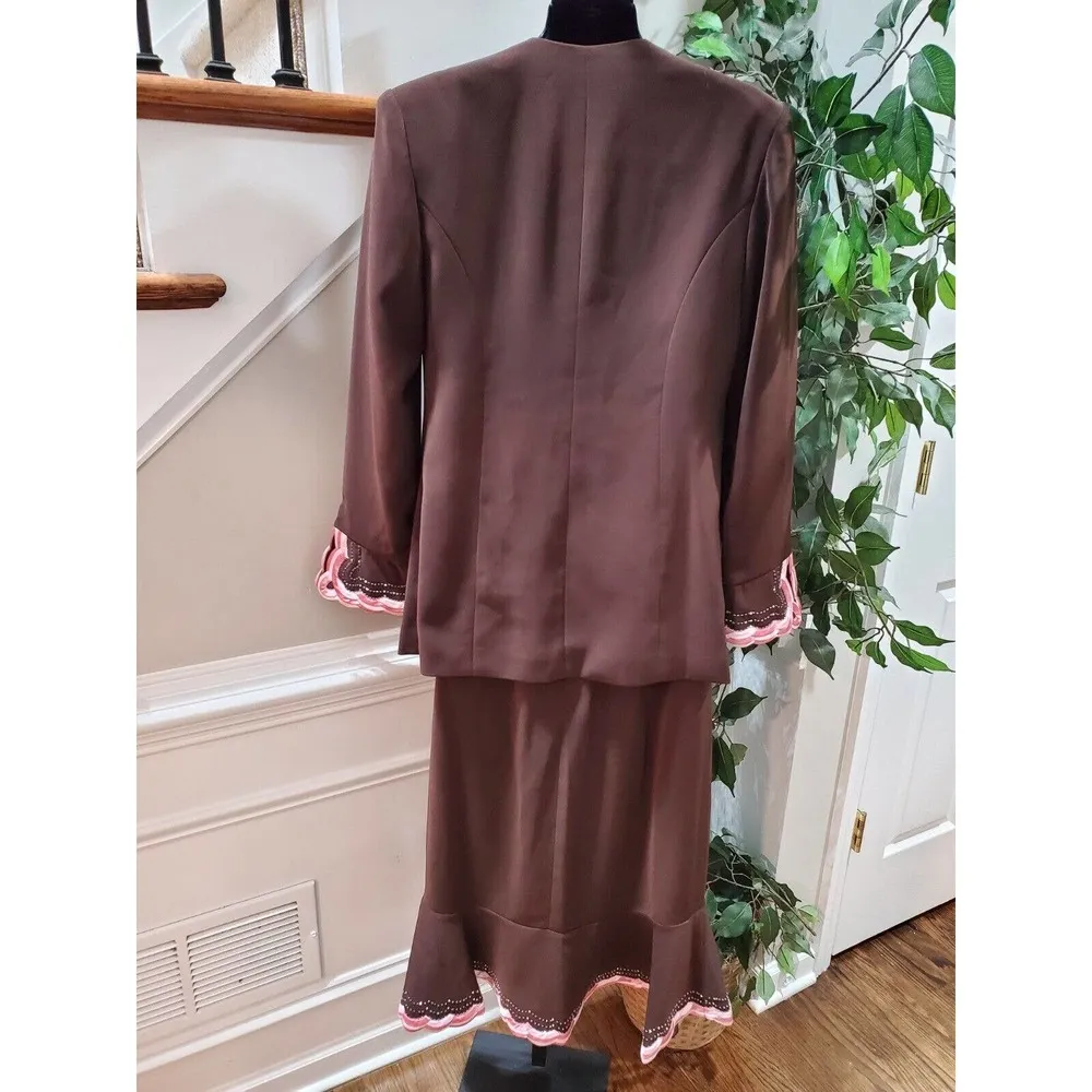Natalli Barri Women's Brown Polyester Open Front Jacket & Skirt 2 Piece Suit 4 - Image 7