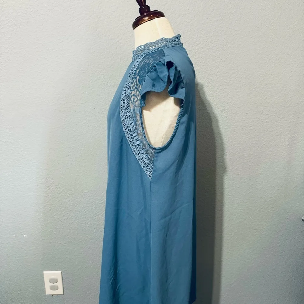 SHEIN‎ Women Blue Relaxed Fit and Flare High Neck Short Sleeves Dress Size M - Image 7