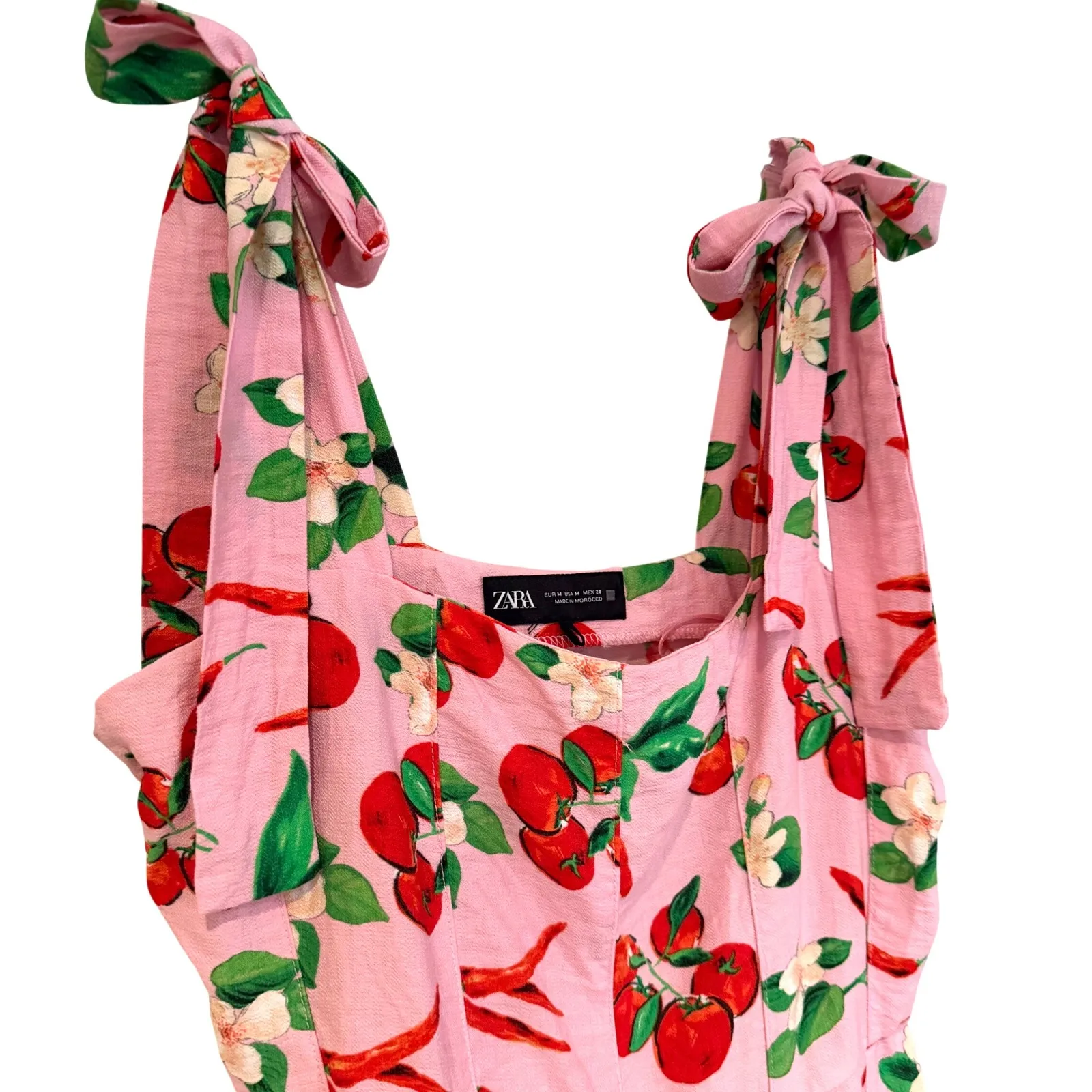 ZARA Cherry Print Tie Shoulder Mini Dress Womens Medium Pink Coquette Dainty Y2K - Image 8