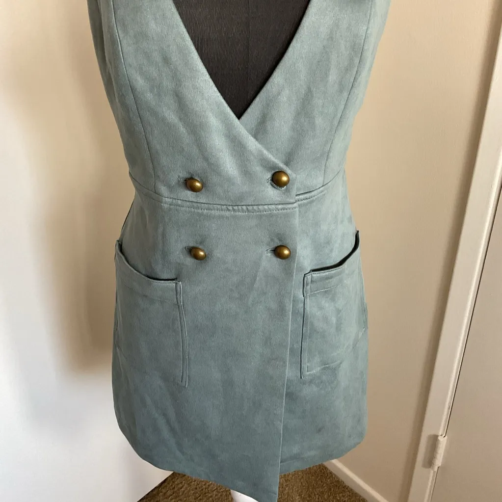 26. Forever 21 Blue Faux Suede Pinafore Vest Mini Dress Size Medium - Image 4