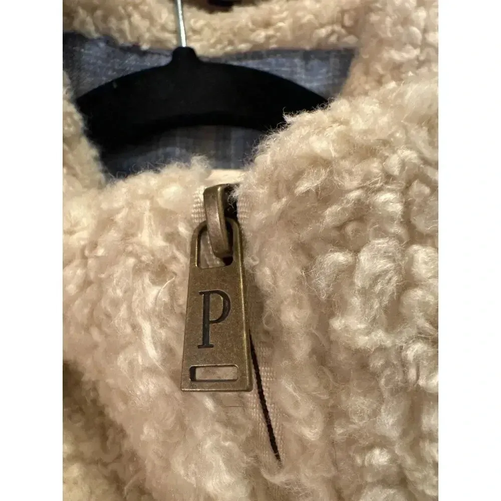 Pendleton cream  Sherpa pull over plaid wool accents L - Image 10