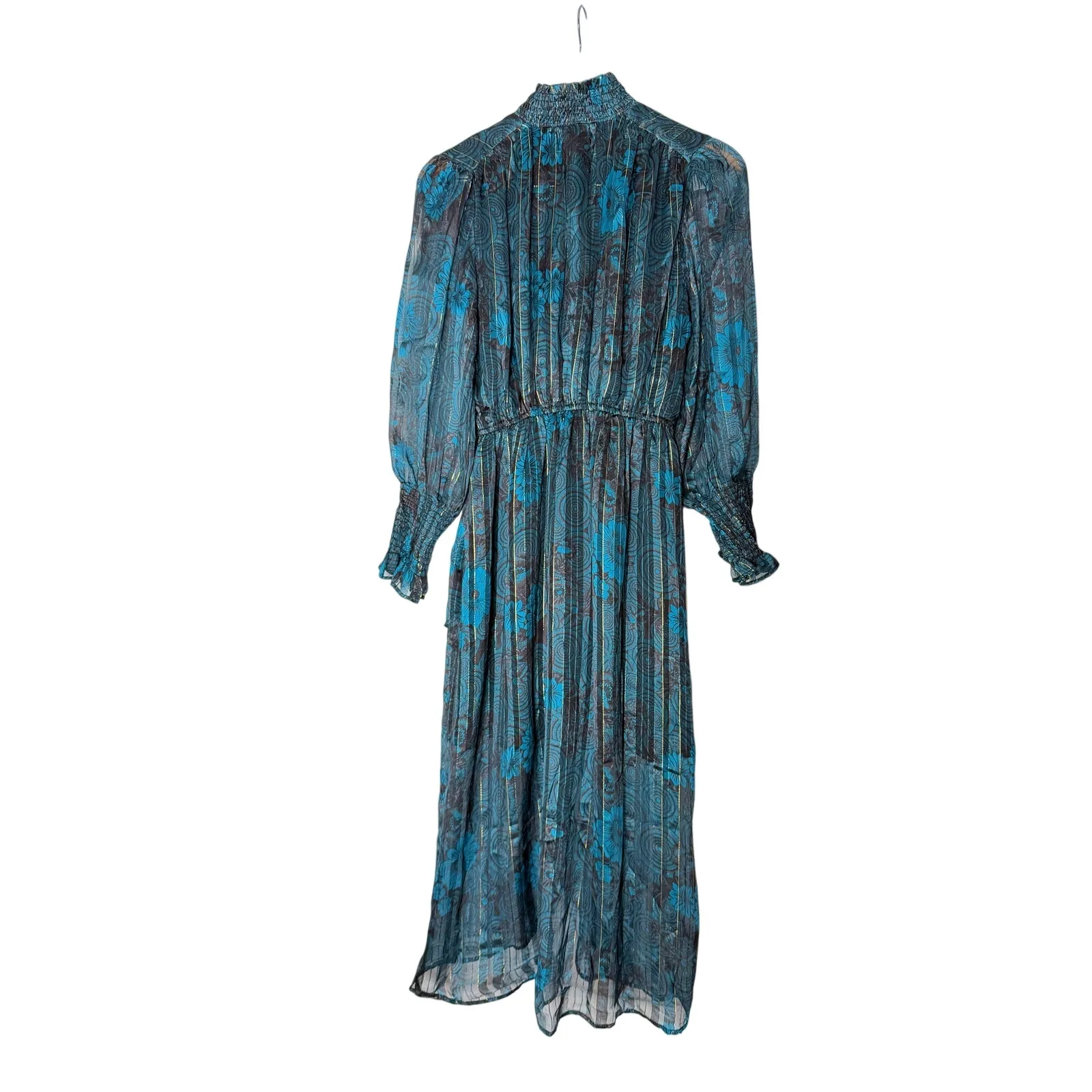 Elan Long Sleeve Flowy Dress in Blue Faux Wrap Ruched Waistband Floral Size S - Image 4