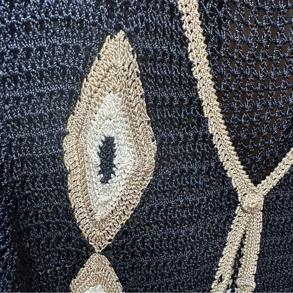 NETWORK Vintage Hand Made Crochet 100% Viscose Navy Blue Tan Cardigan S/M Black Size undefined - Image 6