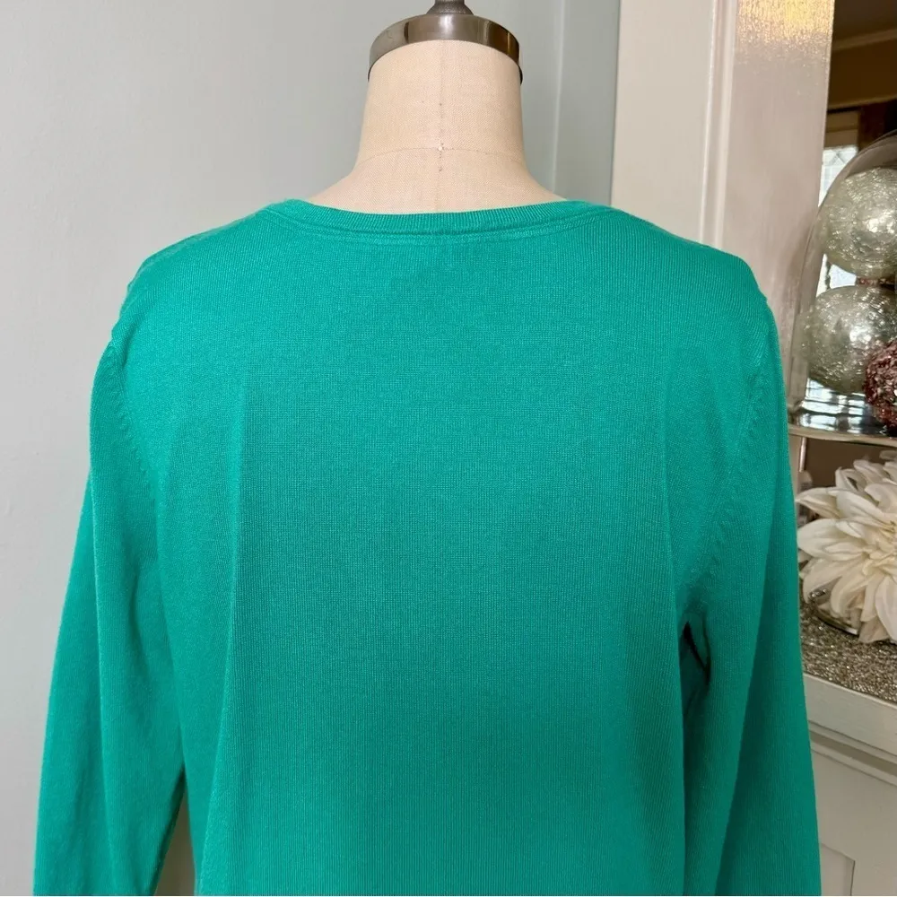 White House Black Market Green Snap Sweater Cardigan Ruffled Lace Trim Large - Image 8