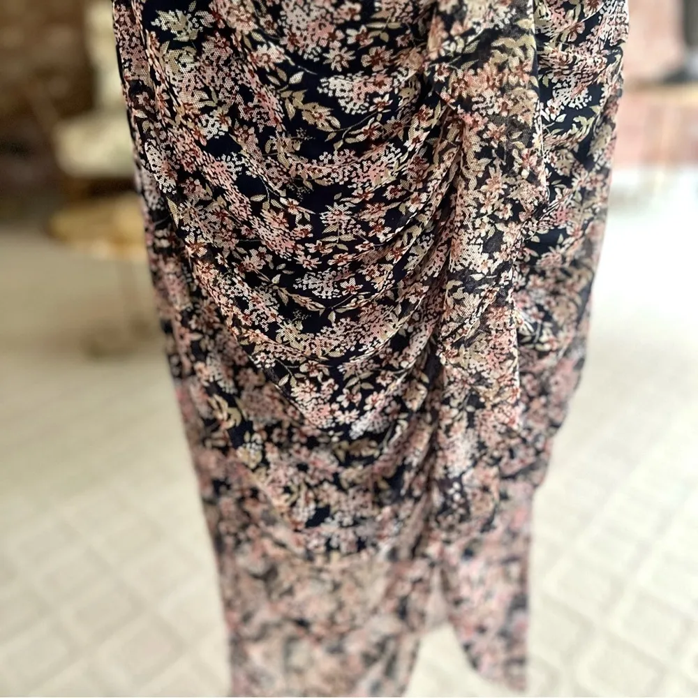 Leith Dress Midi Ruched Blue Floral Ruched Chiffon L Cocktail Party Chic Glam - Image 7