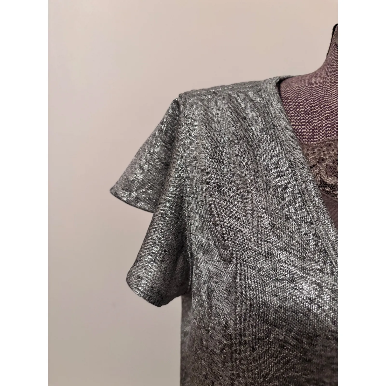 Silver Metallic Top V-Neck Flutter‎ Sleeve Sparkle Party Blouse - Image 3