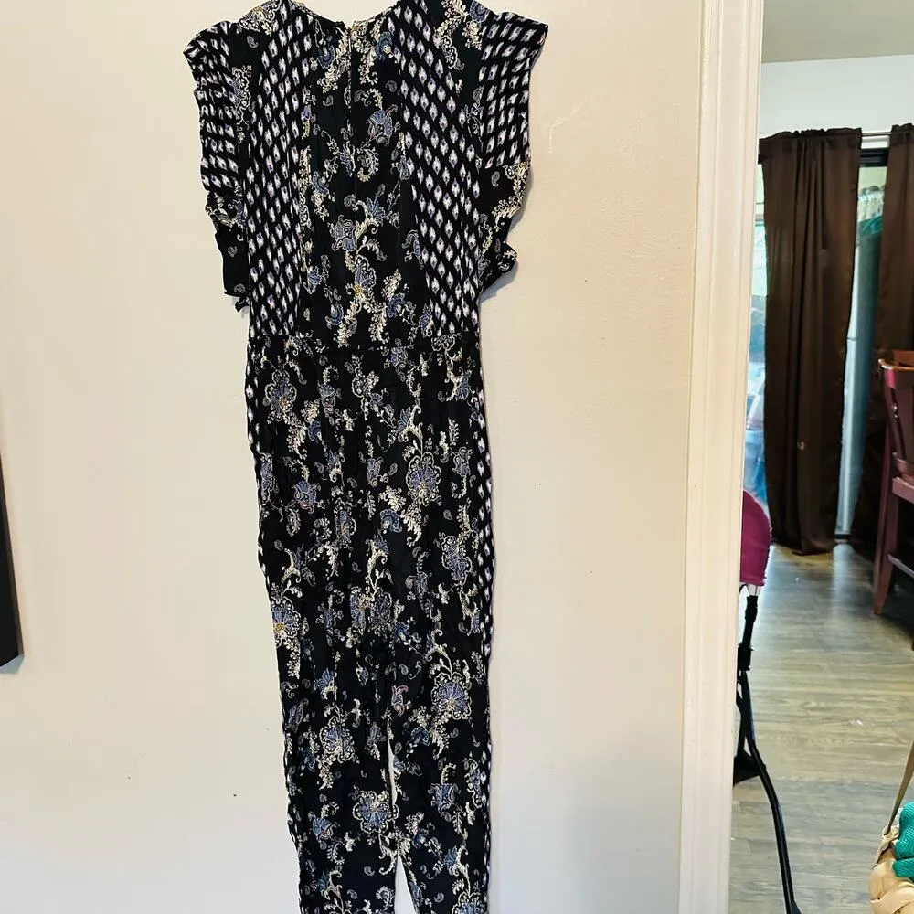 REBECCA TAYLOR Black Navy Floral Paisley Print Silk Blend Jumpsuit Romper Size 6 - Image 4