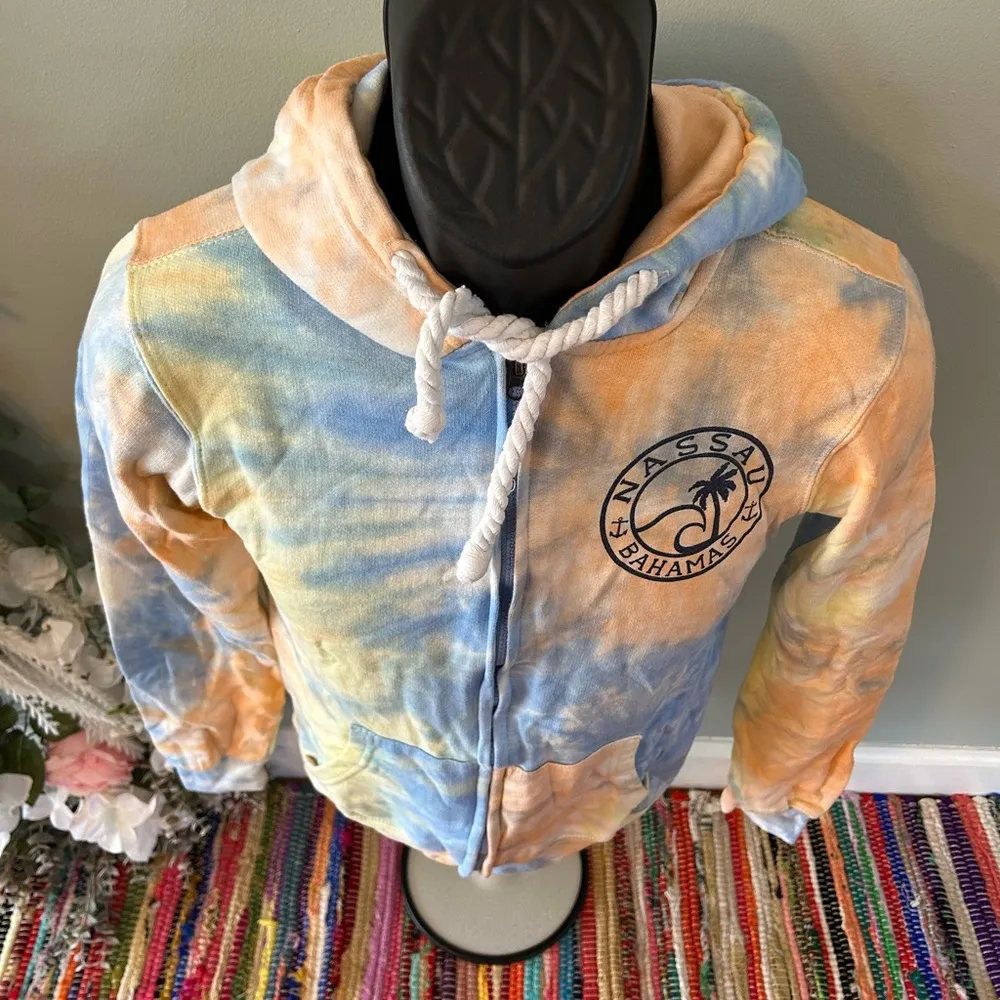 Nassau Bahamas Tie Dye Hoodie Sweatshirt Full Zip Ocean Wave Palm Tree Small Blue - Image 4