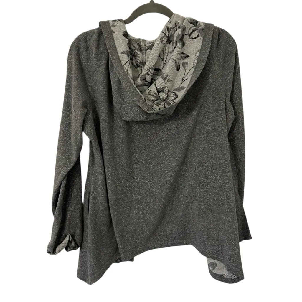 Gray Floral Design Cardigan Hooded Sweater Style Top Women’s Size Large Fit! - Image 2