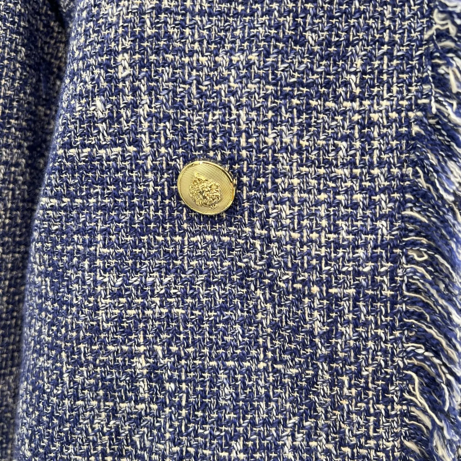Zara Tweed Tailored Jacket Blazer Frayed Buttons Blue Size XL - Image 4
