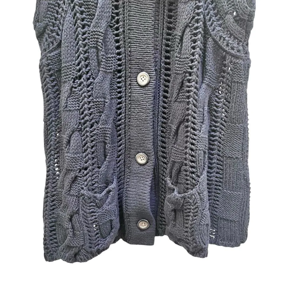 J. Jill Black Faux Fur CollarOpen Cable Knit Button Front Sweater Vest Medium - Image 3
