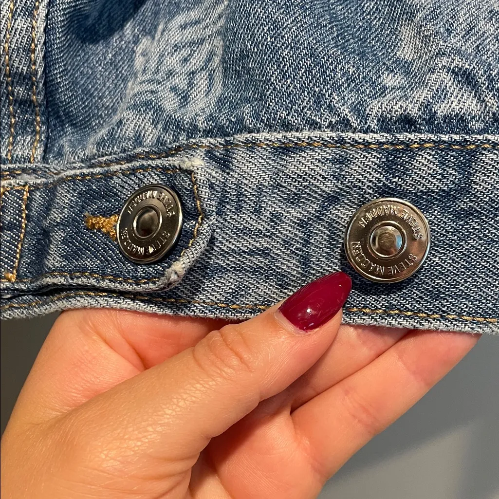 Steve Madden Vintage  Monogram Print Blue Jean Denim Oversized Jacket Medium - Image 6