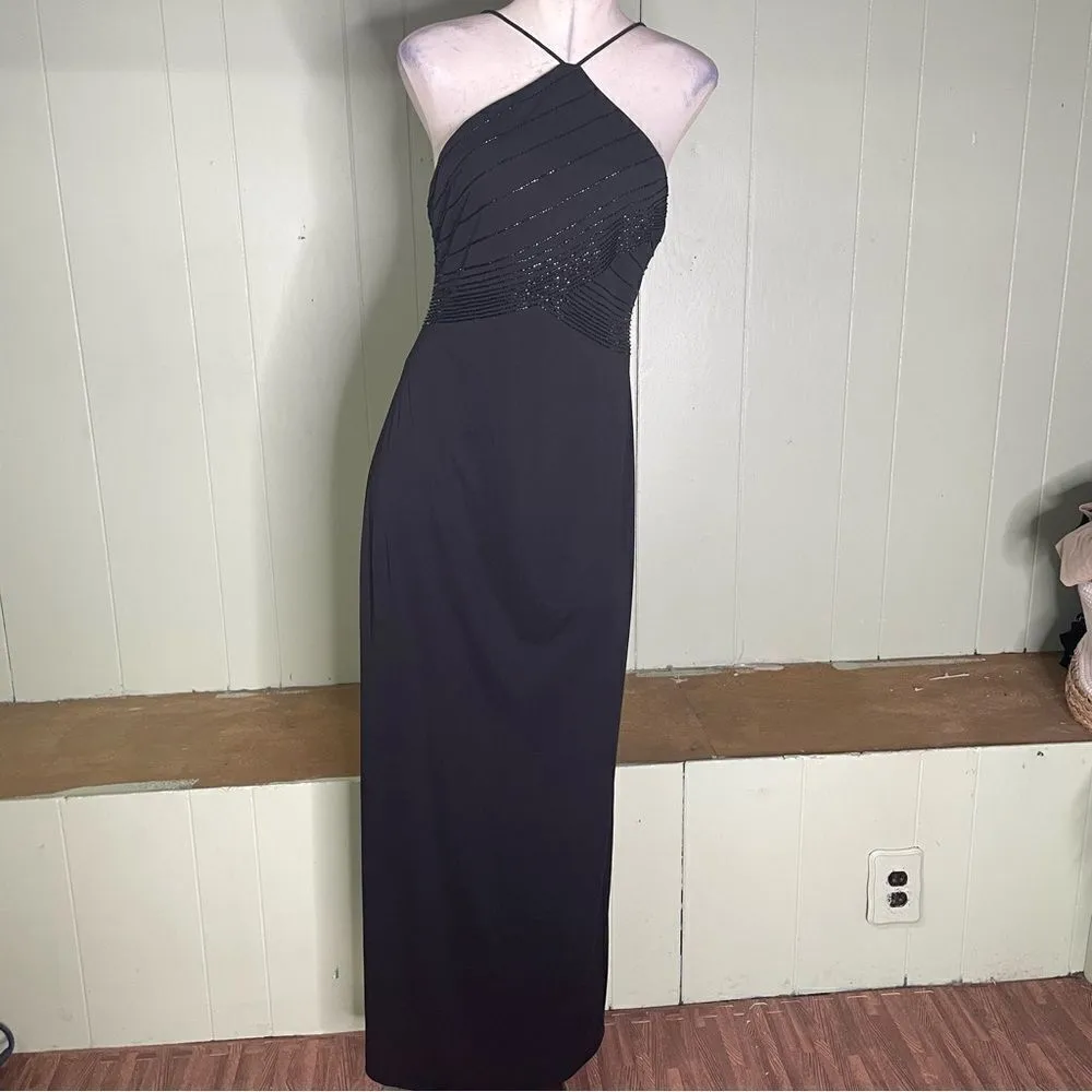90s Vintage De Laru Black Beaded Halter Prom‎ Gown Black Flowy Maxi Dress 7/8 Size undefined - Image 4