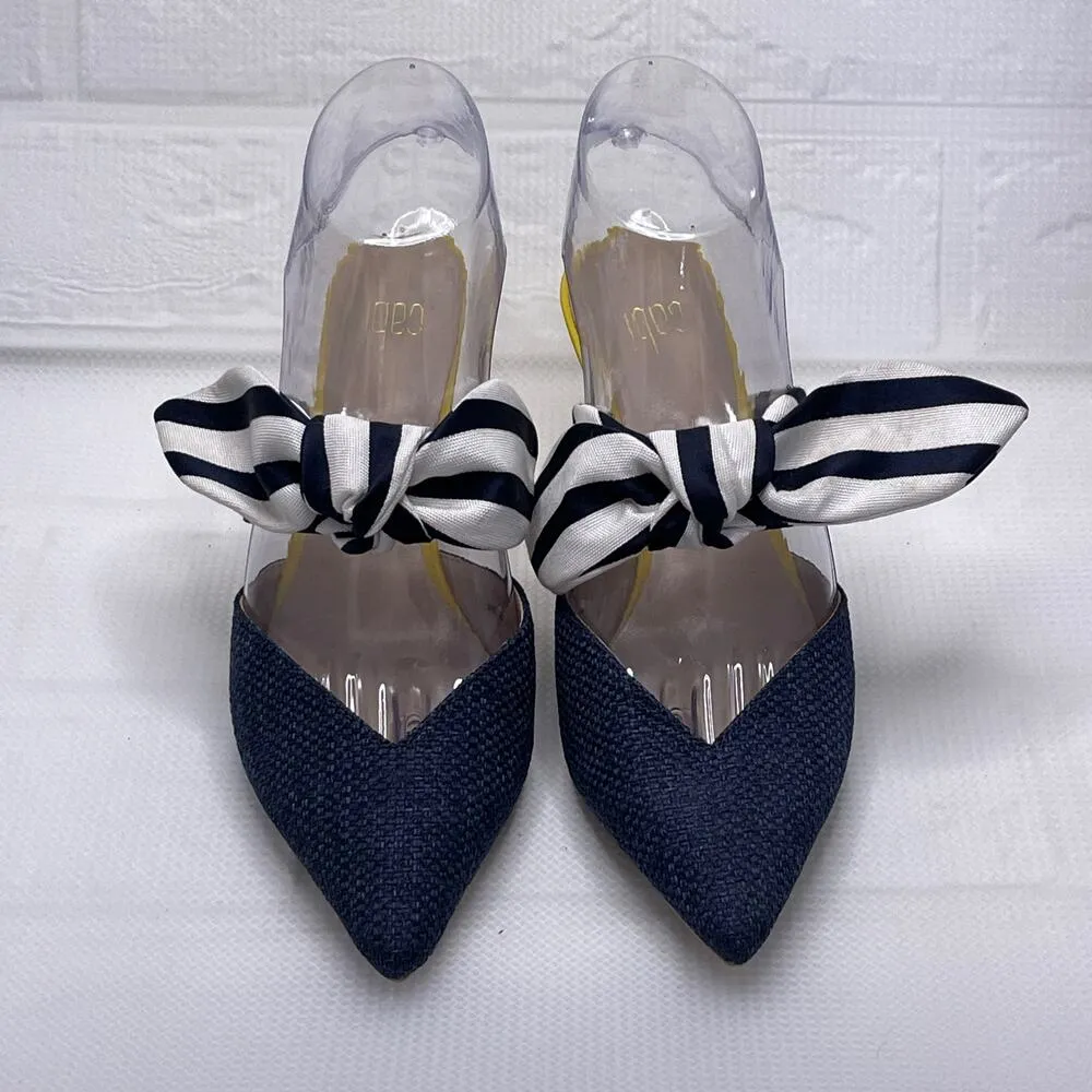 Cabi Blue Yellow Striped Bow Vamp Kitten Heel Slip On Mules Size 6 - Image 2