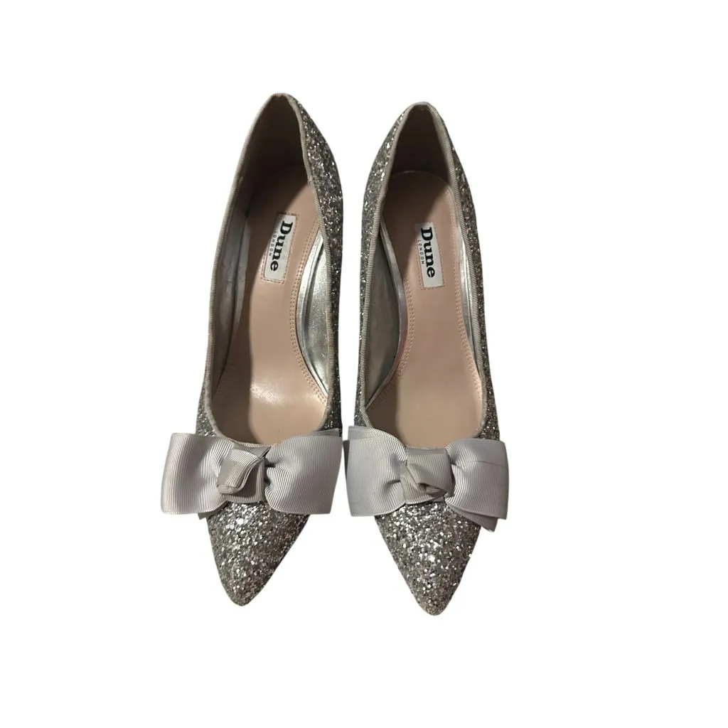 DUNE London Silver Glitter Bow Heels Size 38 / US 8 - Image 3