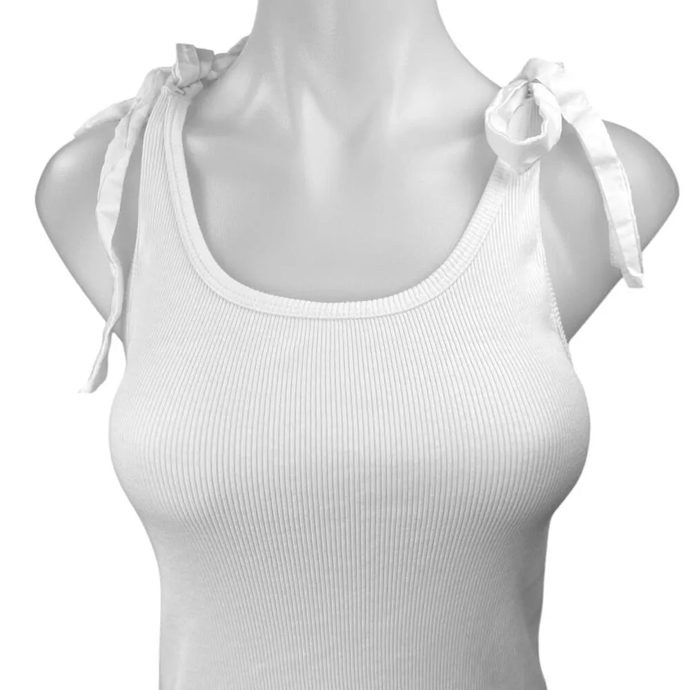 Nation LTD Gigi White Rib Sleeveless Bow Tie-Strap Cami Camisole Tank Blouse Top - Image 6
