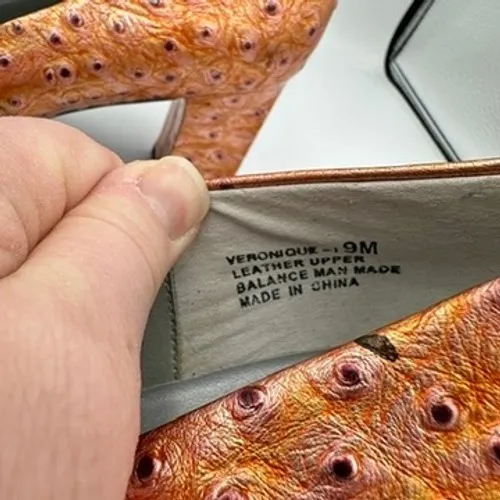 90s Bellini Women Square Toe Leather Ostrich Embossed Metallic Heels Shoes 9M Orange Size 9 - Image 6