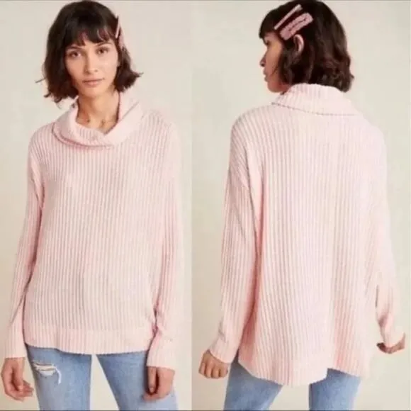 Anthropologie Maeve Baby Pink Ribbed Soft Plush Cowlneck Wide Sleeve Boho Top XS - Image 2