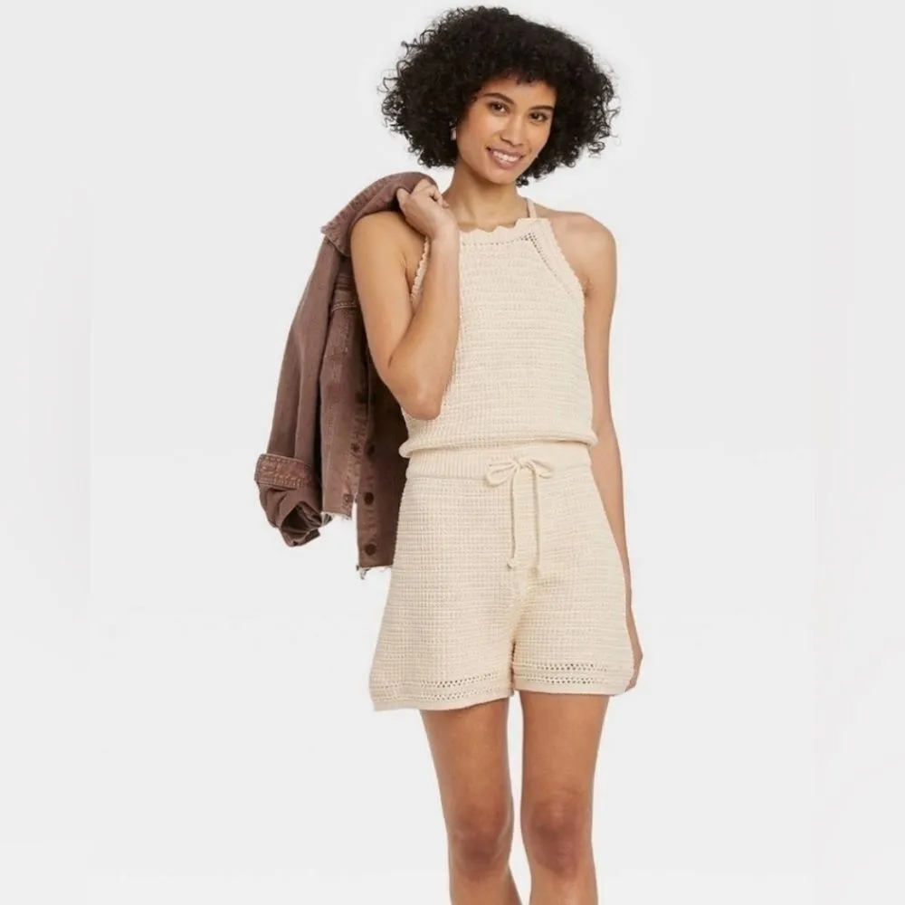 Universal Threads Crochet Romper Ivory Sleeveless Halter Back Neck Tie- Size XS - Image 3