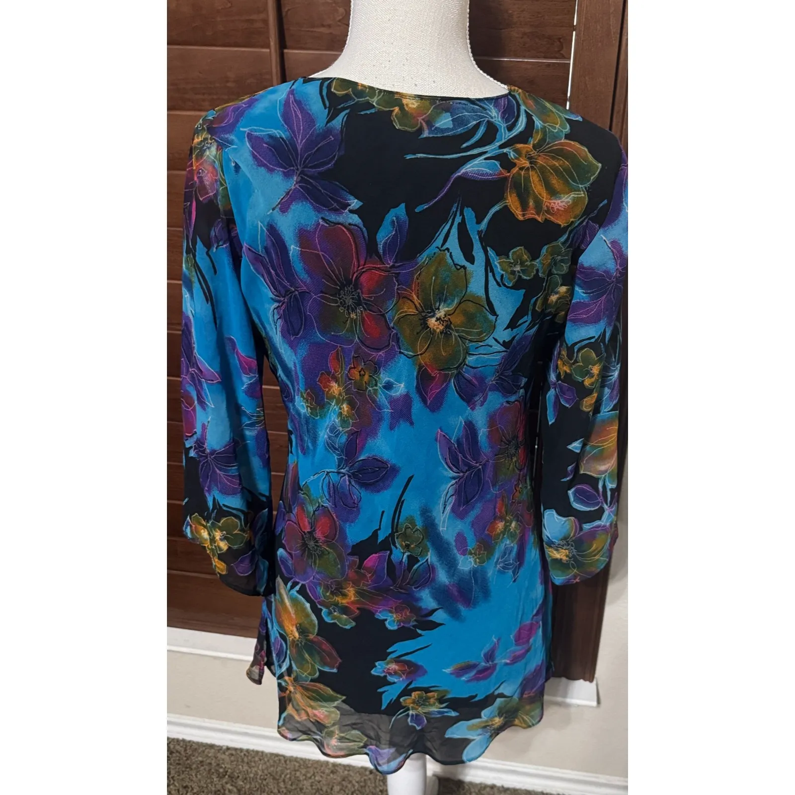 Vtg Y2K Dark Floral Mini Dress sz M Beaded Fairy Romantic chiffon sequins Blue Size M - Image 5