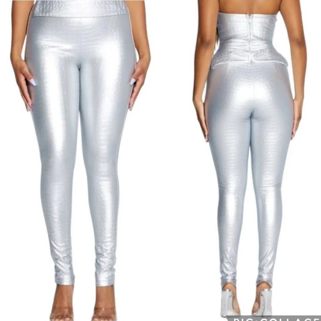 Naked Wardrobe Oh So Tight Crocodile Faux Leather Leggings Silver‎ M - Image 2