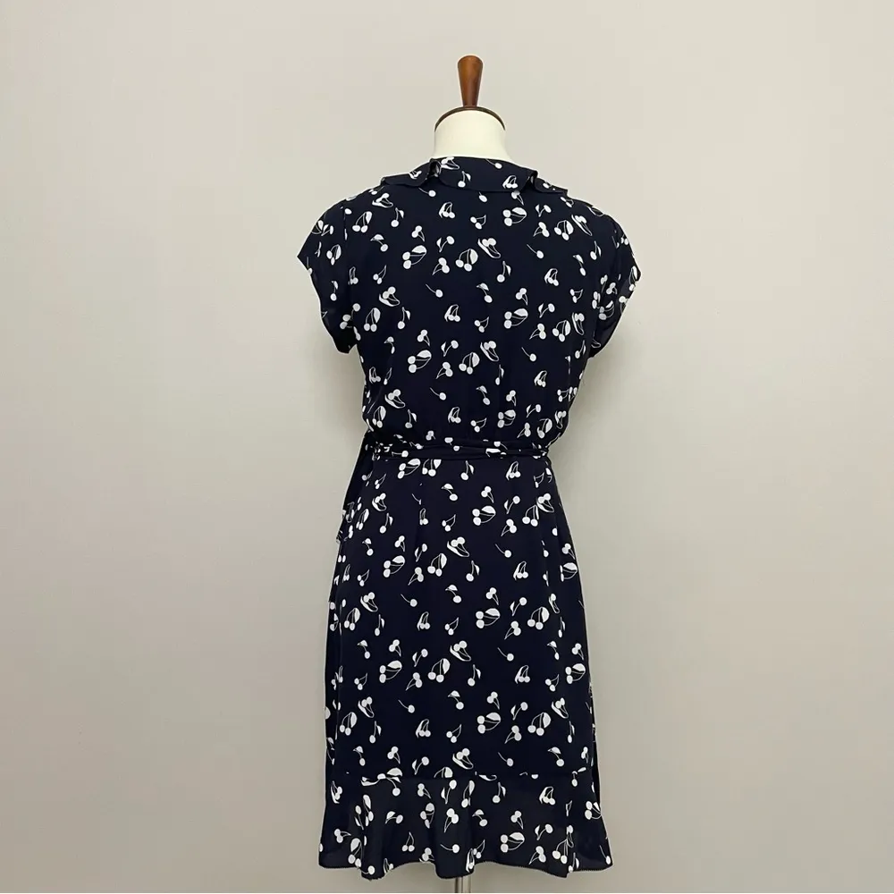 Sunday Best Dress  Savoy Wrap Cherry Print Ruffle Lined Navy Blue White - Image 8