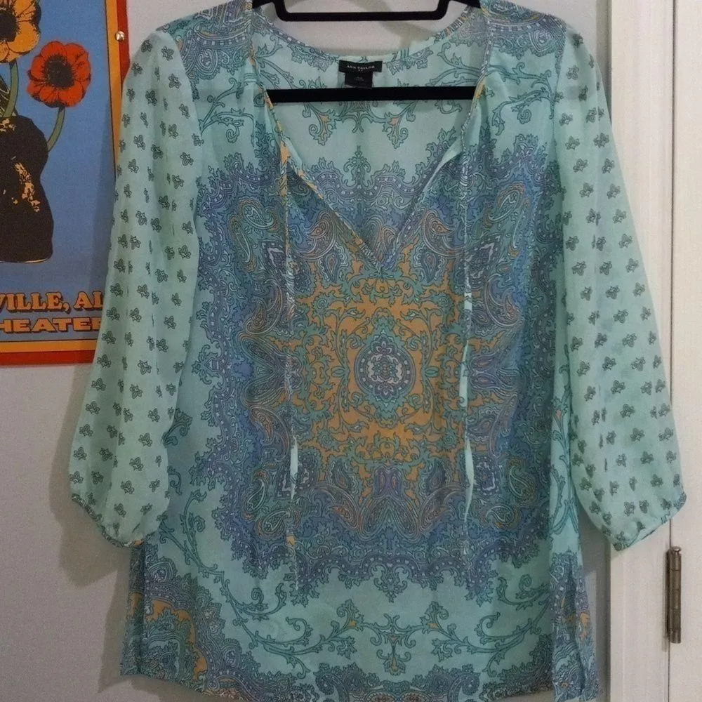 Ann Taylor Aqua and Lavender Paisley Print Boho Sheer Peasant Blouse - Image 11