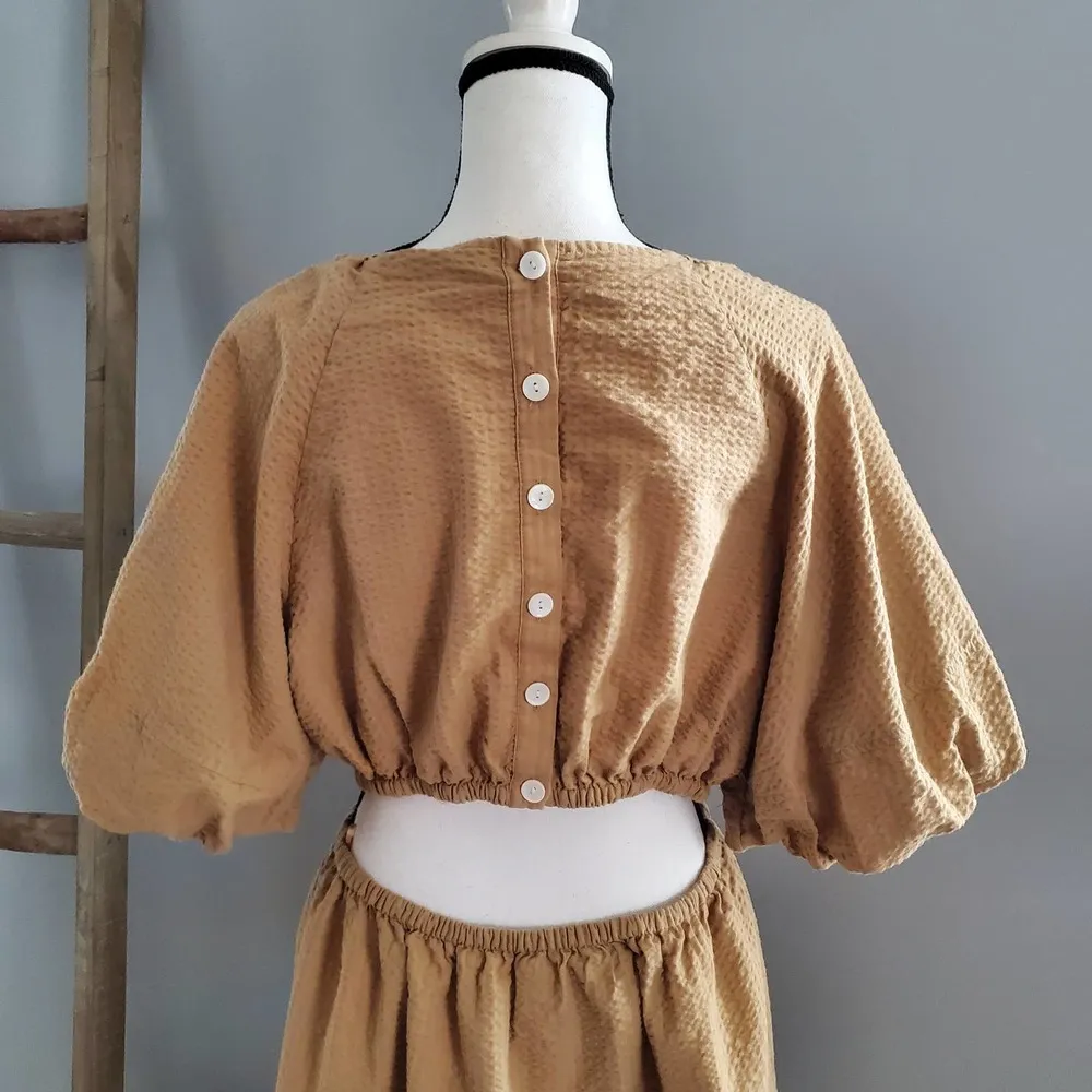 Madewell Tan Seersucker Ruffle Puff Sleeve Cutout Mini Dress Size XL - Image 3