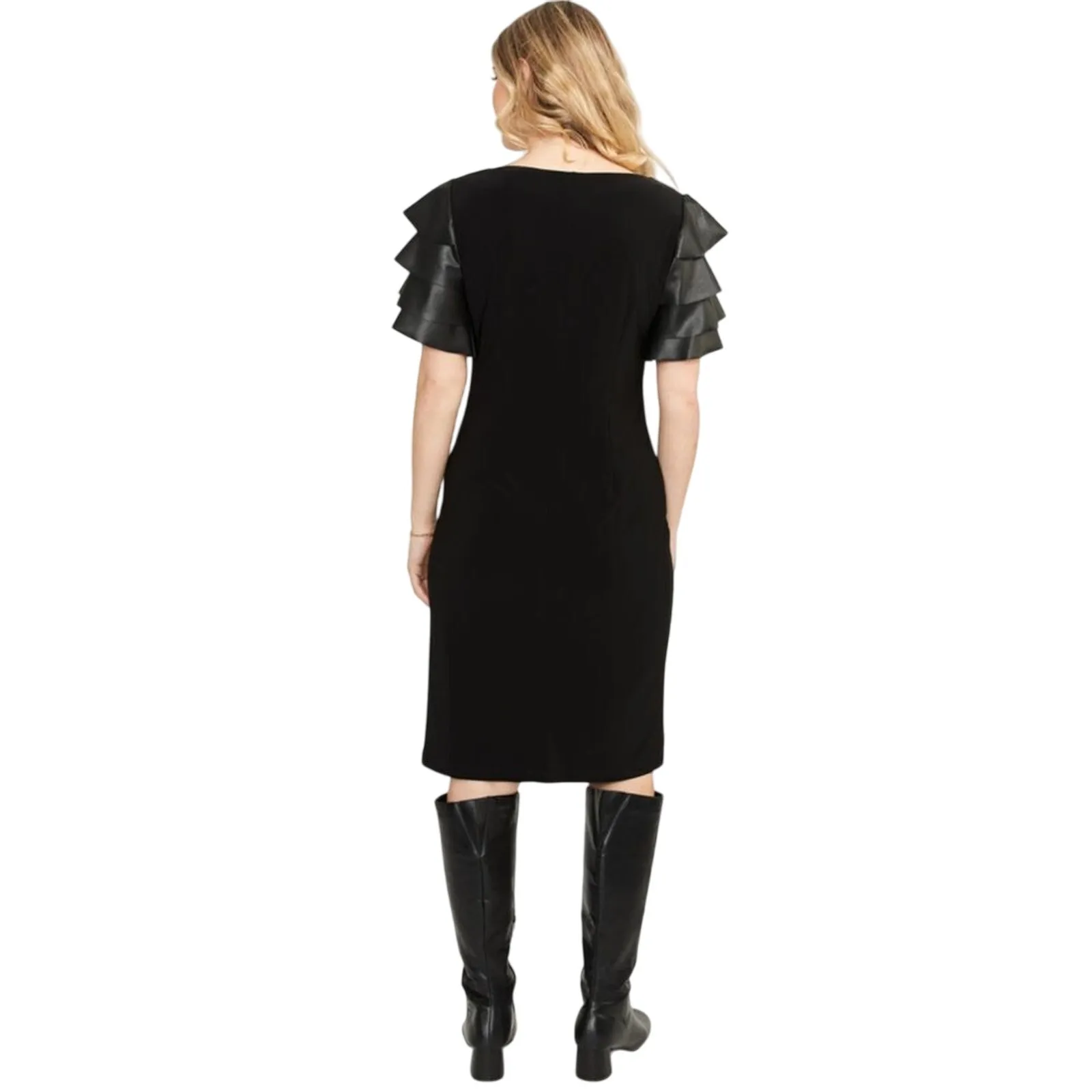 GARCIA Ruffles Pleather Tiered Short Sleeve Dress Size M New w/ Tag MSRP $114 Black Size M - Image 2
