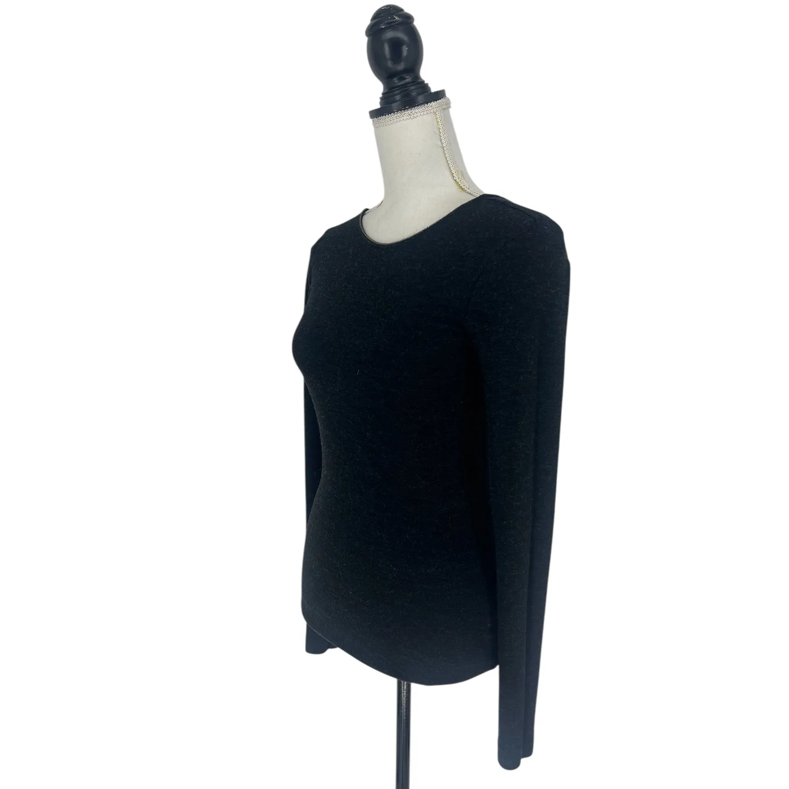 Brunello Cucinelli Monili Trim Virgin Wool Low Back Long Sleeve Top Dark Gray - Image 6