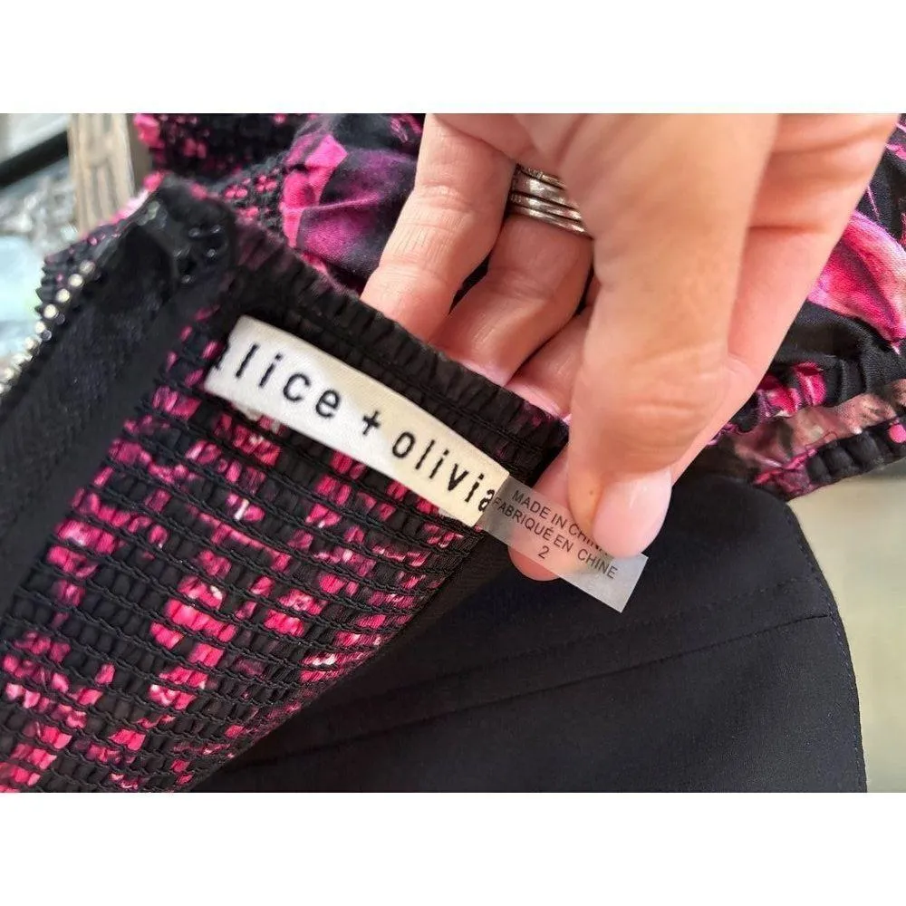 Alice + Olivia Smocked Floral Tiered Mini Dress Stretch Cotton Black Pink 2 - Image 11