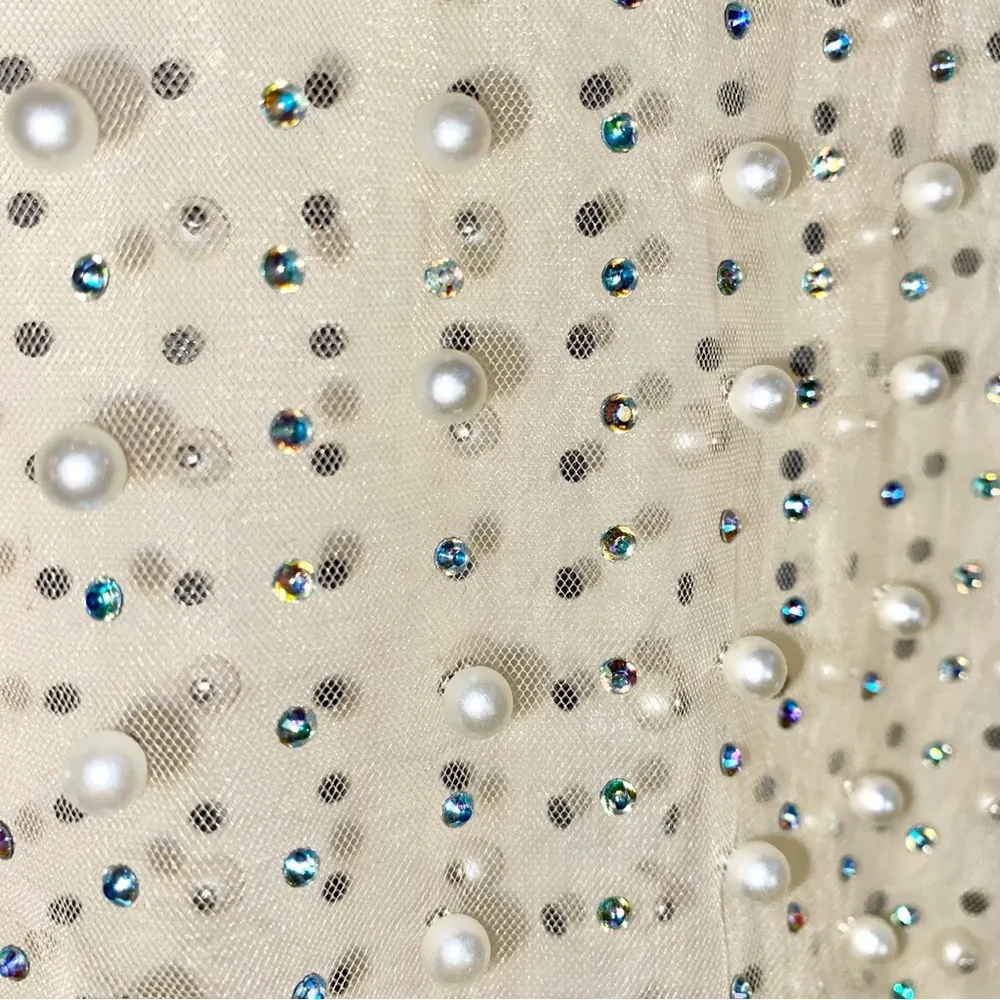 Love J Crewneck Sleveless Pearl & Rhinestone Sheer Ivory Mesh Crop Tank Top - Image 8