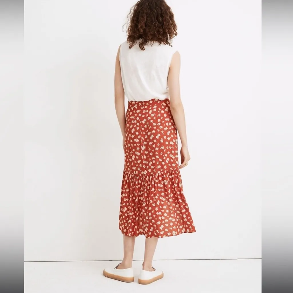 Madewell Ruffle Wrap Midi Skirt Orange Floral Long Modest Size 4 AO371 - Image 4