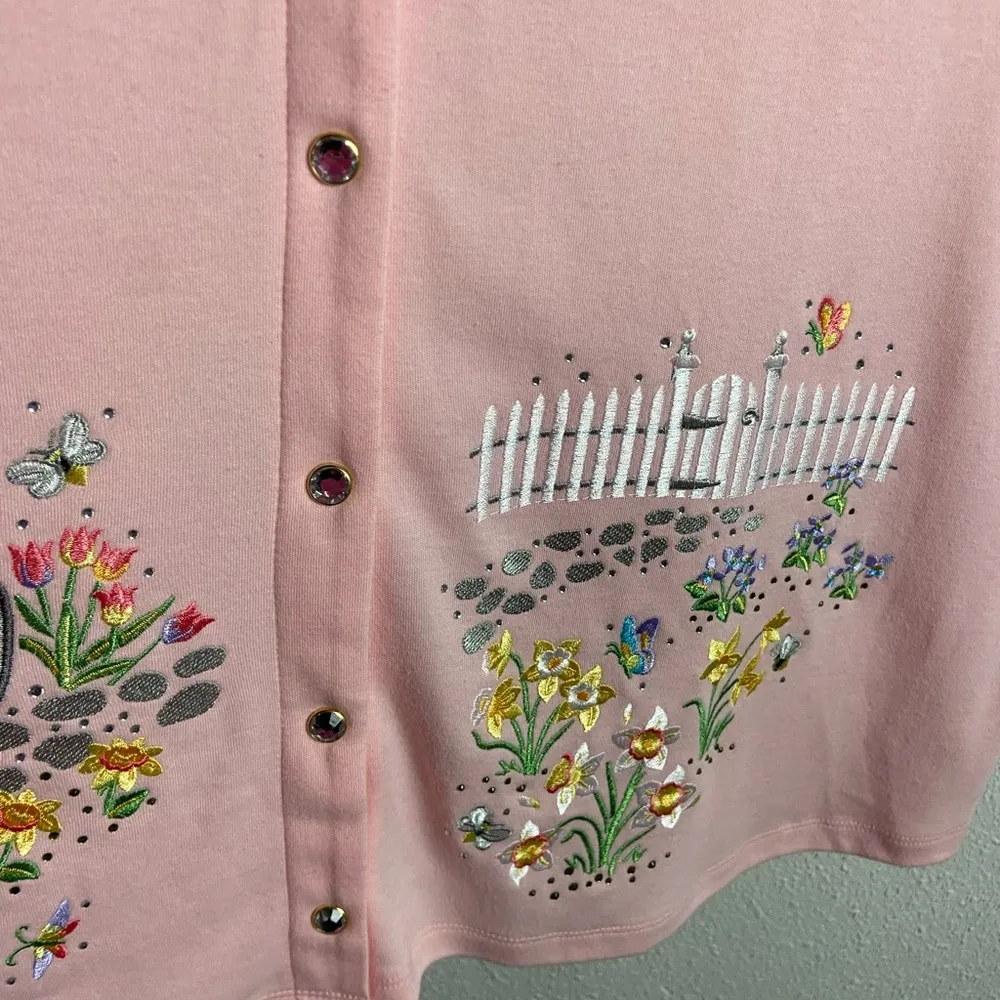 Quacker Factory 1X Snap Down Shirt Embroidered Rinestones Pink Bike Short Sleeve - Image 6