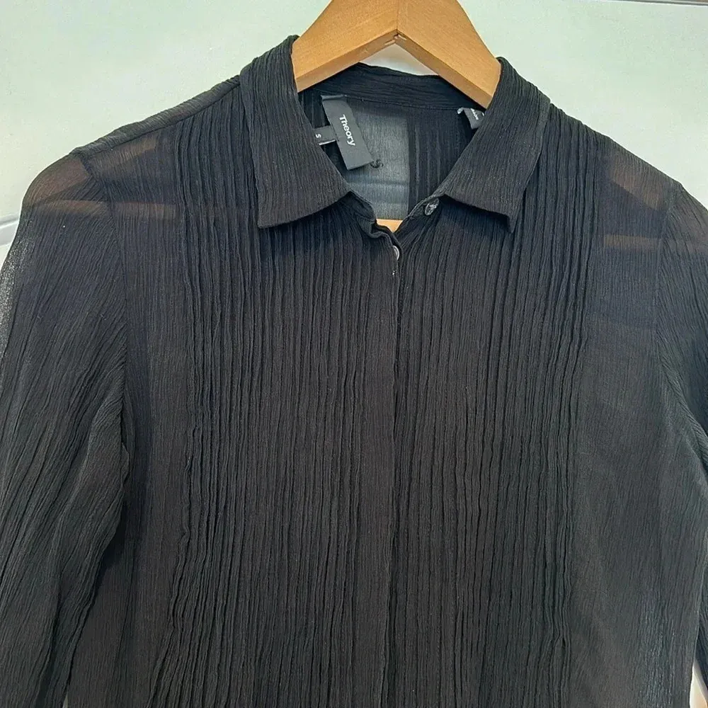 Theory 'Dionelle' Pintuck Pleat Textured Chiffon Black Sheer Blouse 100% Silk S - Image 7