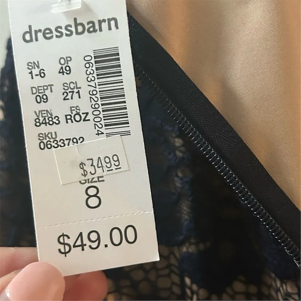 Roz & Ali Women's Navy and Cream Sleeveless Lace Bodice A-Line Dress Size 8 - Image 7