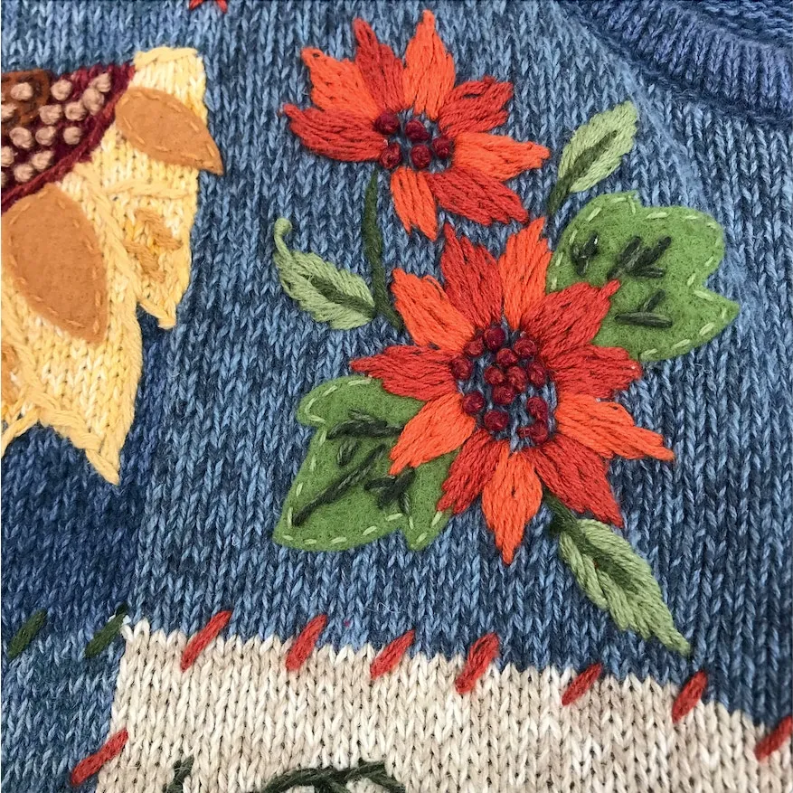 TIARA Vintage Patchwork Enbroidery Full Zip Cardigan Sz M Blue Retro Cottage Y2K - Image 9