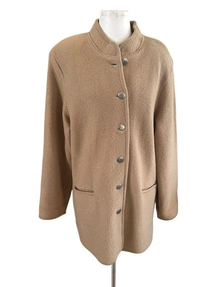 Vintage  Long Mid Length Wool Jacket Tan Mandarin Collar Buttons L Preppy - Image 3