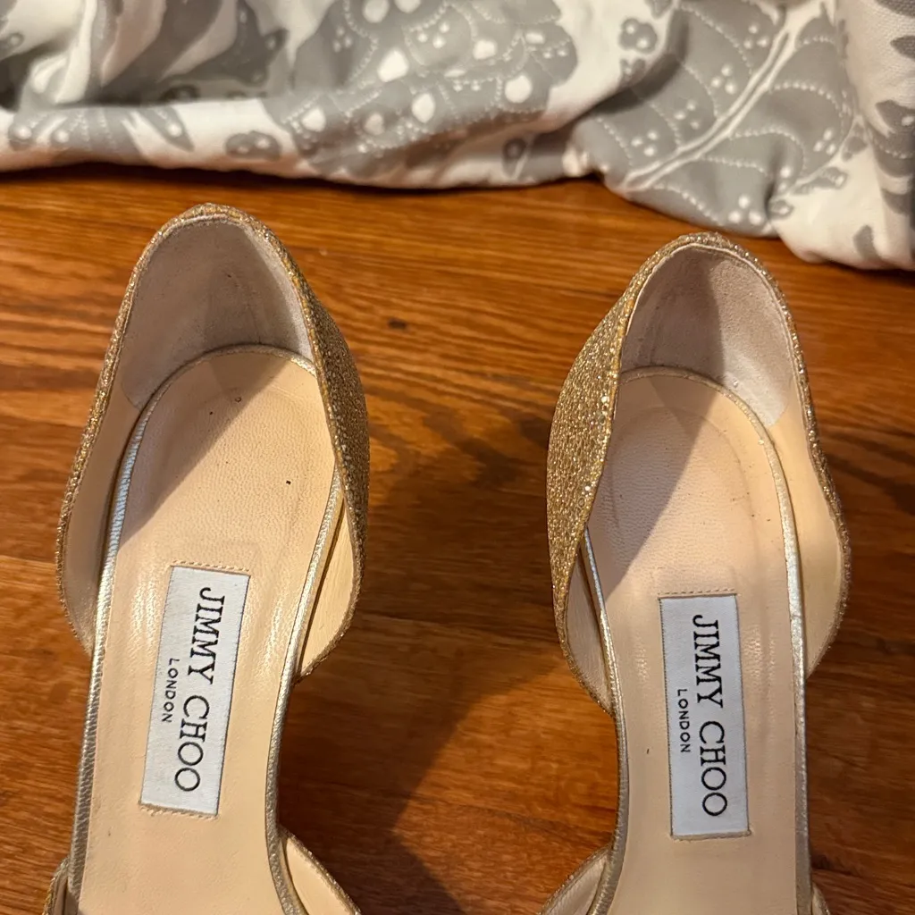 Jimmy Choo Shimmering Gold Open Toe Heels - Image 4