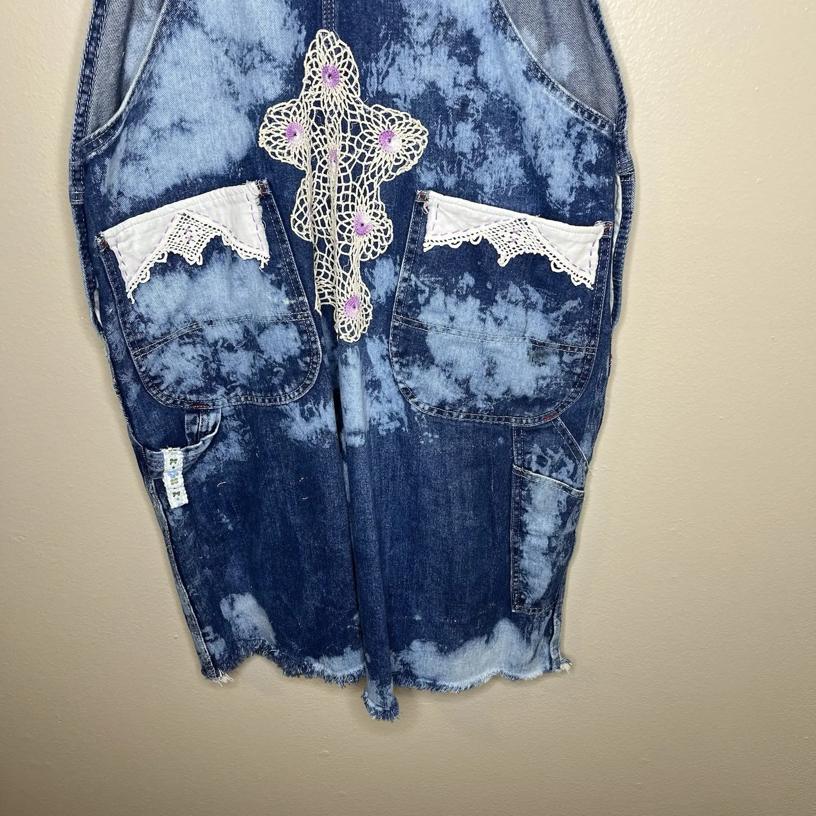 Dickies Denim Overalls Shorts Lace Bleach Patchwork Crochet Art To wear Teacher - Image 8