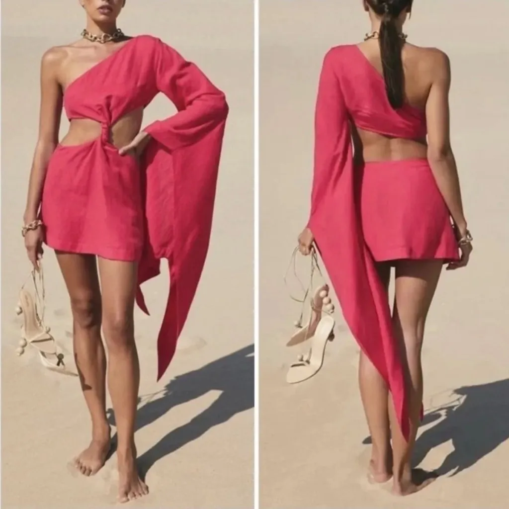 Cult Gaia Lucienne Twist Linen Cutout Bright Pink Mini Dress Camellia Size Small - Image 2