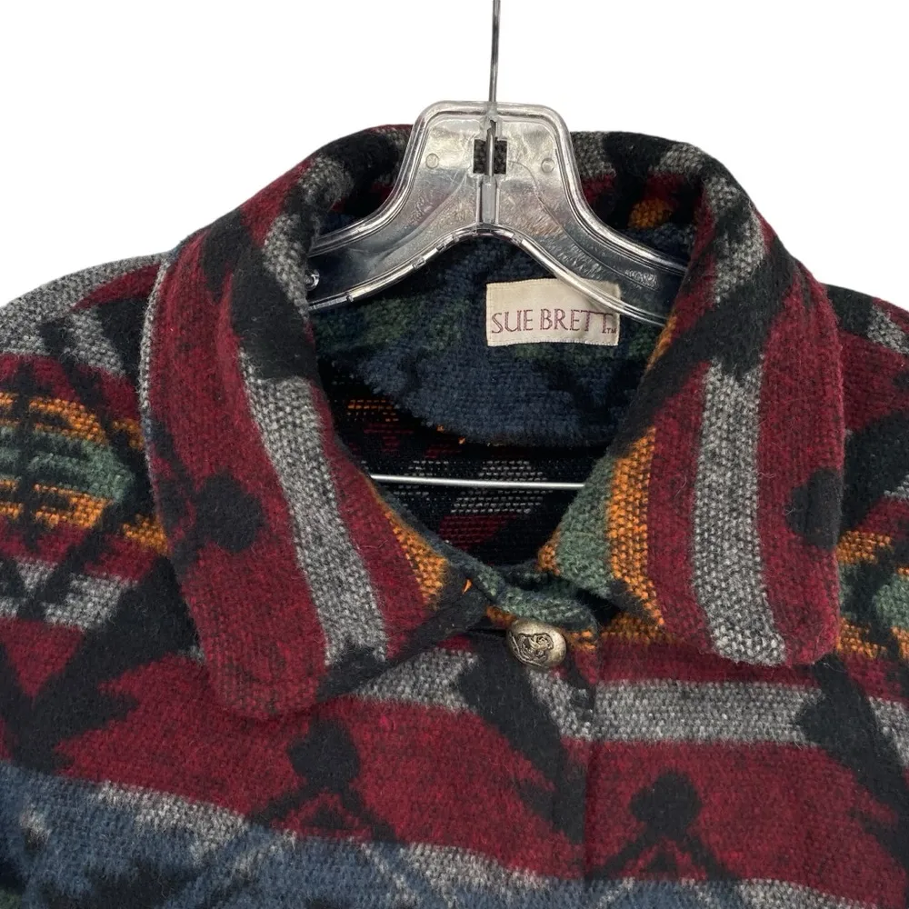 Vintage Sue Brett Southwestern Aztec Wool Shacket Jacket WW1 Military Buttons Red Size 1X - Image 9