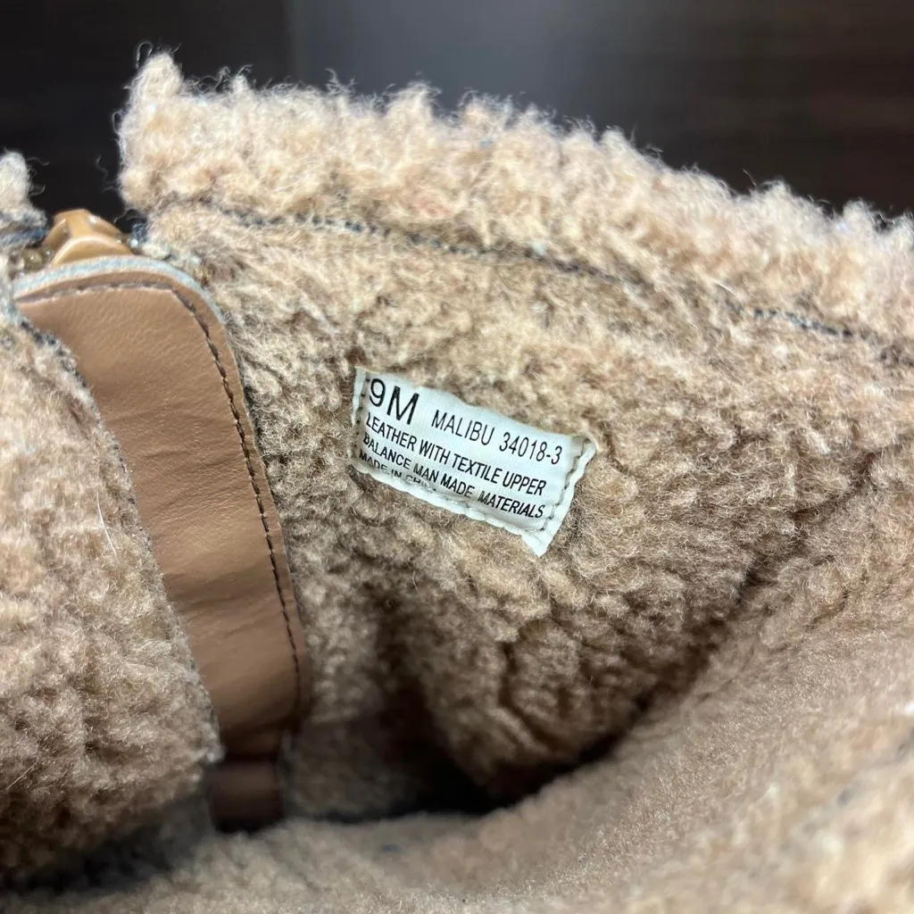 Y2k tan leather tall winter boots fleece lined wedge zip up fur trim 9 - Image 6