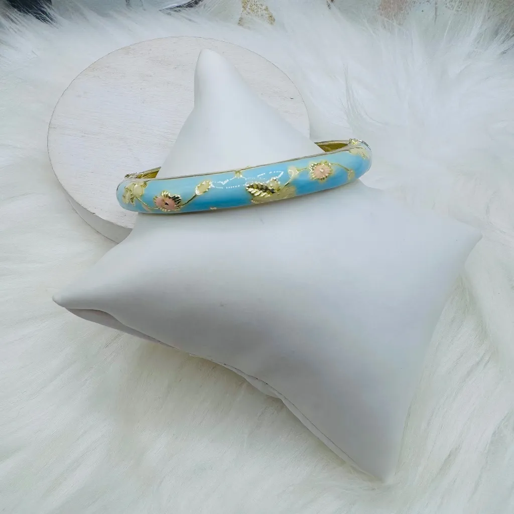 Blue Bangle w/ pink Flower Enamel Cloisonne Bracelet Bangle - Image 6