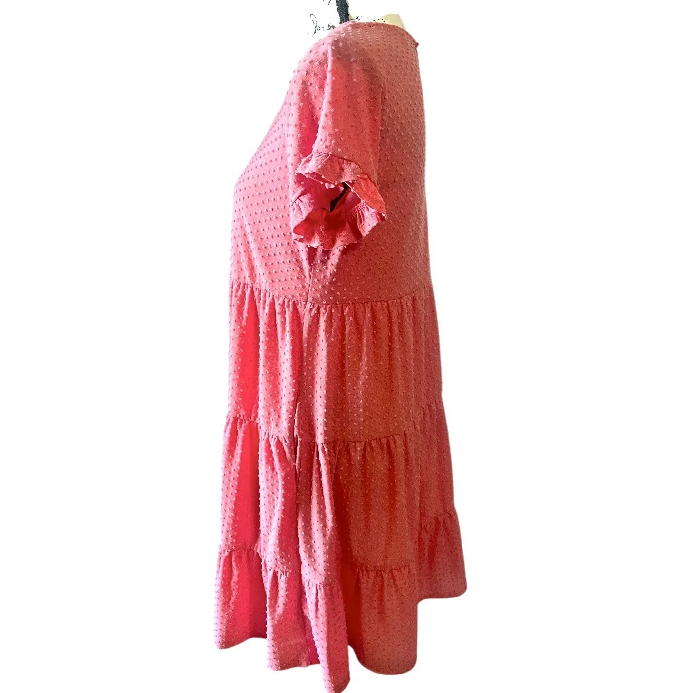 Sugar + Lips Coral Pink Swiss Dot‎ Tiered Babydoll Dress Women's Small - Image 3