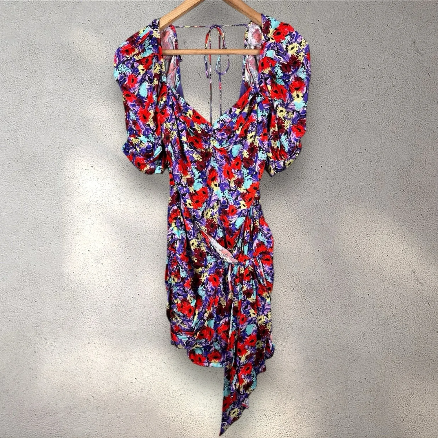 For Love And Lemons Red Purple Floral Satin Chiara Puff Sleeve Mini Dress Sz M Size M - Image 3